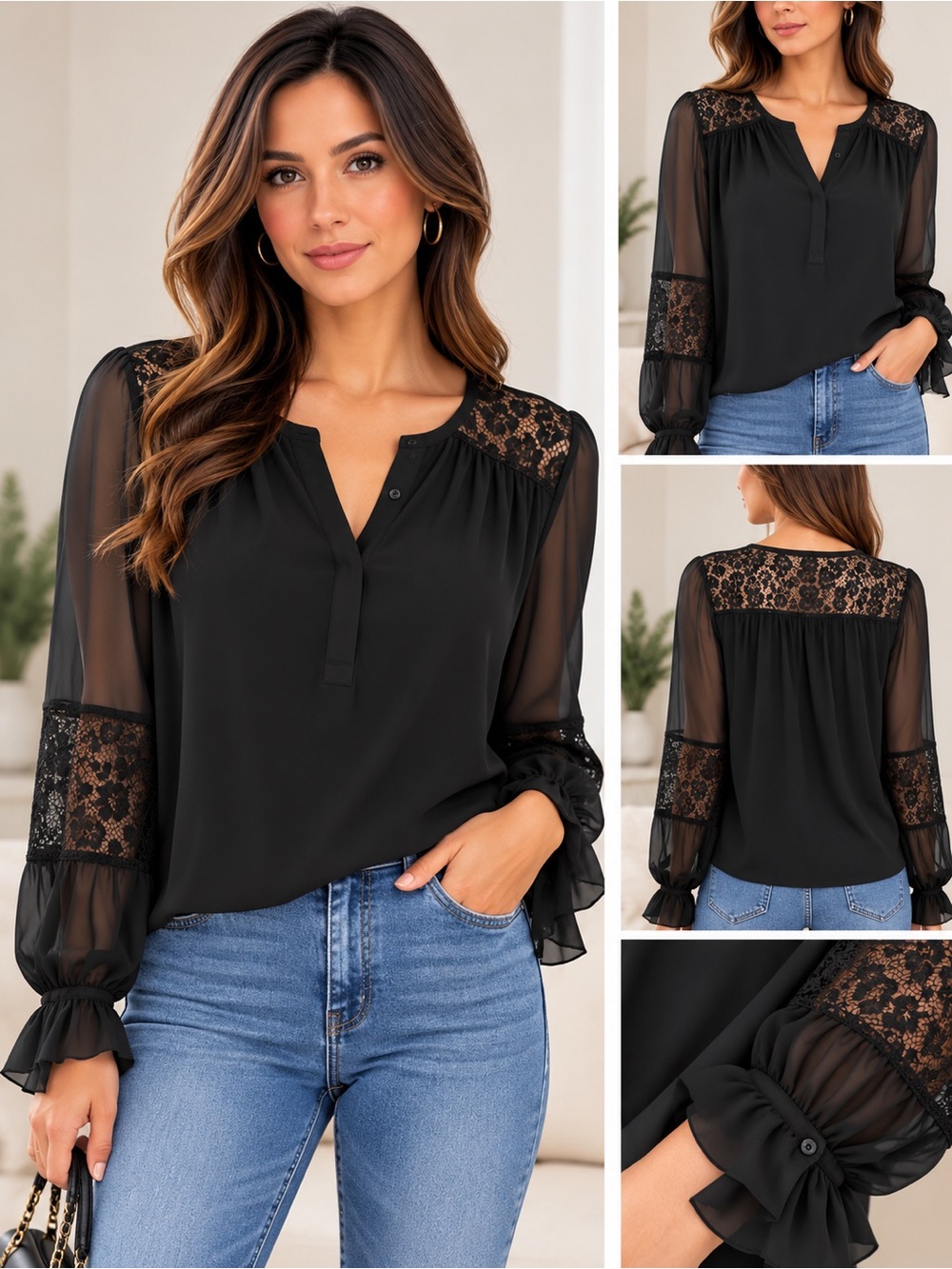 Rebecca Taylor Black Lace-Inset Sheer Sleeve Blouse